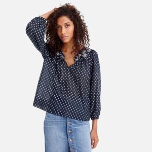 NWT!! J. CREW Point Sur Embroidered Block Print Peasant Navy Blue Blouse Medium